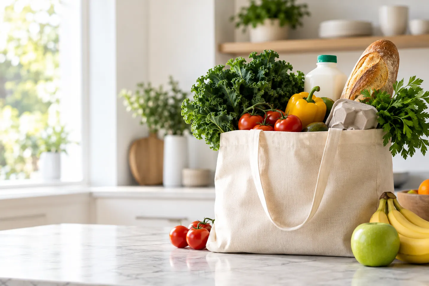Fresh produce and everyday groceries in a shopping tote